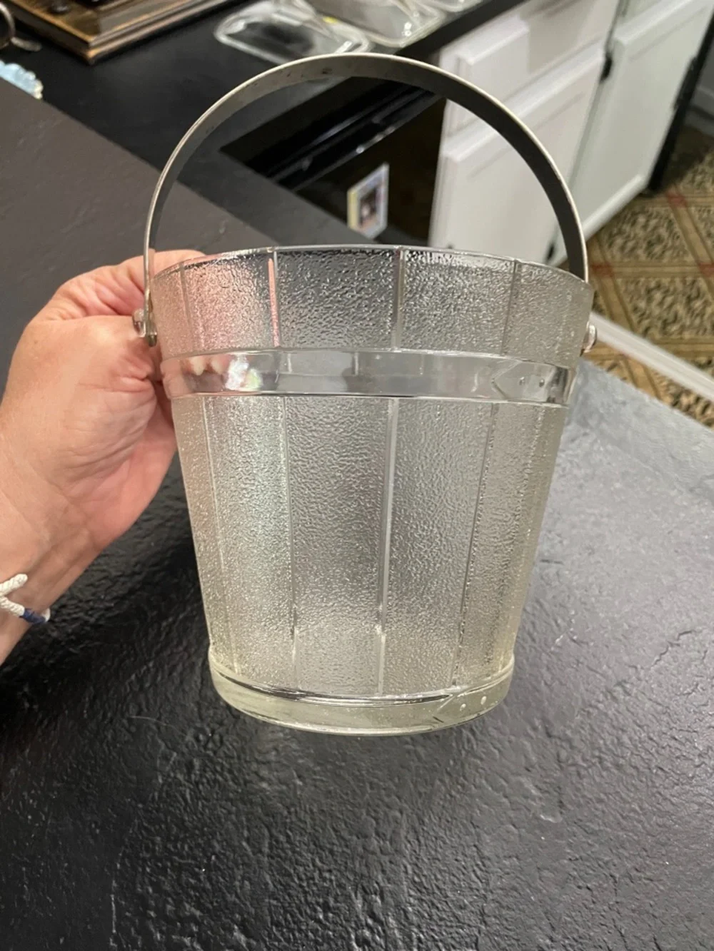 Vintage Clear Glass Textured Ice Bucket with Metal Handle 9x6 handle up